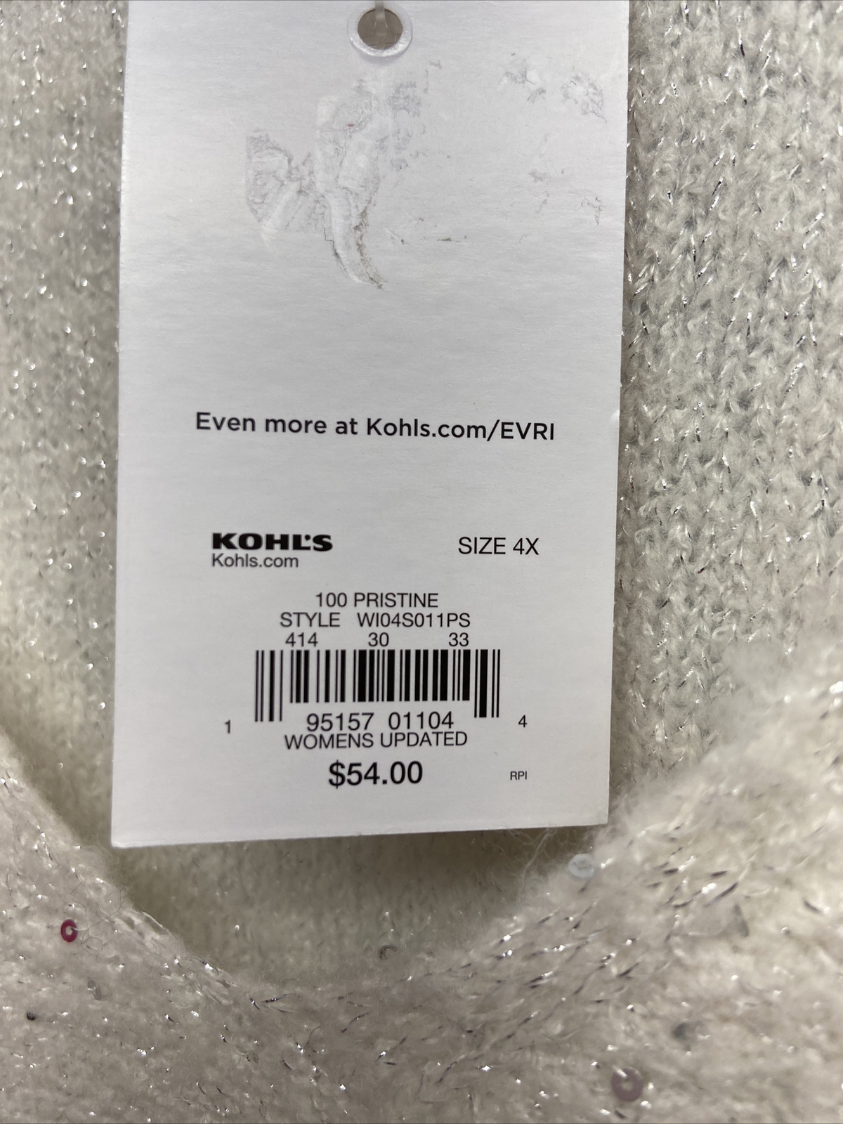 EVRI Womens V Neck Soft Sweater Size 4X NWT 54 White w/ Silver Sequins