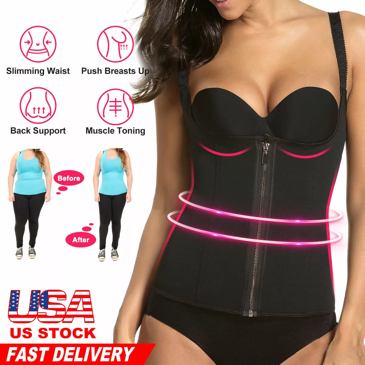 Black Waist Trainer Body Shaper Long Torso Corset Shapewear Women