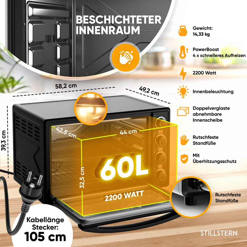 Minibackofen mit Umluft (60L) Drehspieß, Timer, 2200W, Doppelglastür, DE Version - Bild 4 von 4