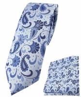 Schmale Tigertie Krawatte + Einstecktuch In Blau Silber Paisley Gemustert
