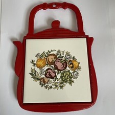Red Cast Iron Teapot Trivet Tile With Vegetable Design On It.4.4x4.4”