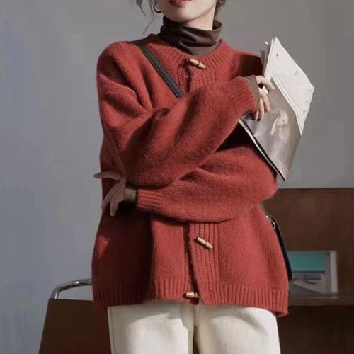 Lady Horn Button Knit Cardigan Jacket Round Neck Tops Loose Sweater Casual Solid - Picture 1 of 23