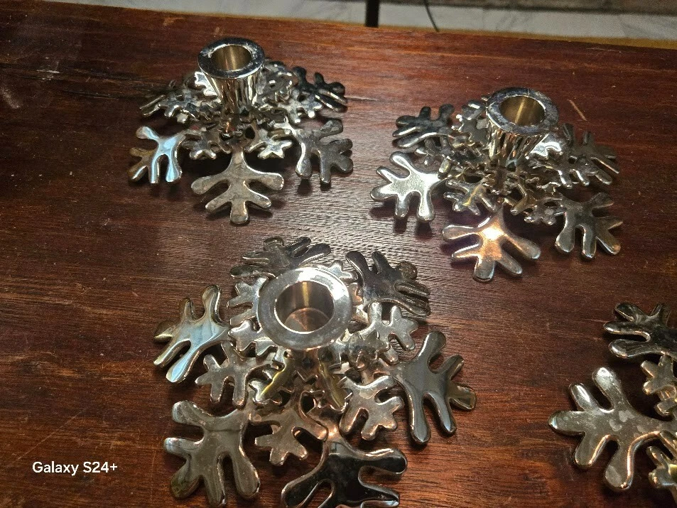 4 Candelabros Copo de Nieve Caja y Barril, Metal Plateado Cromo Foto 3 de 4