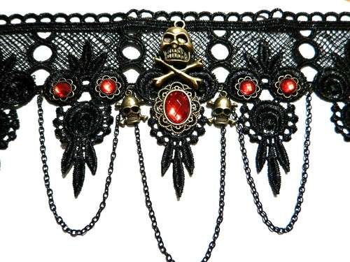 PIRATE QUEEN LACE CHOKER red bronze black collar skull gothic halloween new S4 - Picture 2 of 7