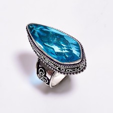 925 Sterling Silver Jewelry Handmade Swiss Blue Topaz Gemstone Ring 8.5 US Gift