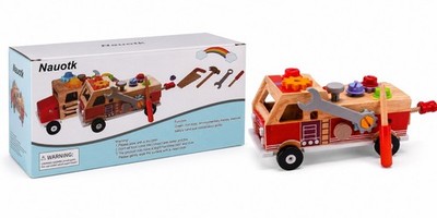 Holz Feuerwehr Werkzeugauto Motorikspielzeug 30cm Schraubspiel Holzauto