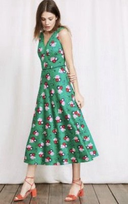 Boden Romilly Jersey Dress Green Floral Peint V-neck Sleeveless A-line Size 12