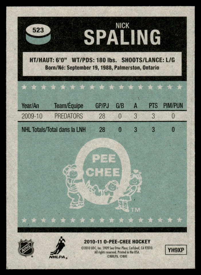 2010-11 O-Pee-Chee Retro Nick Spaling Nashville Predators #523 - Image 2 of 2