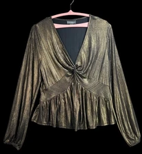 Bold Elements Women's Gold Foil V-Neck Top Sz XL Stretch Party Cruise Wedding