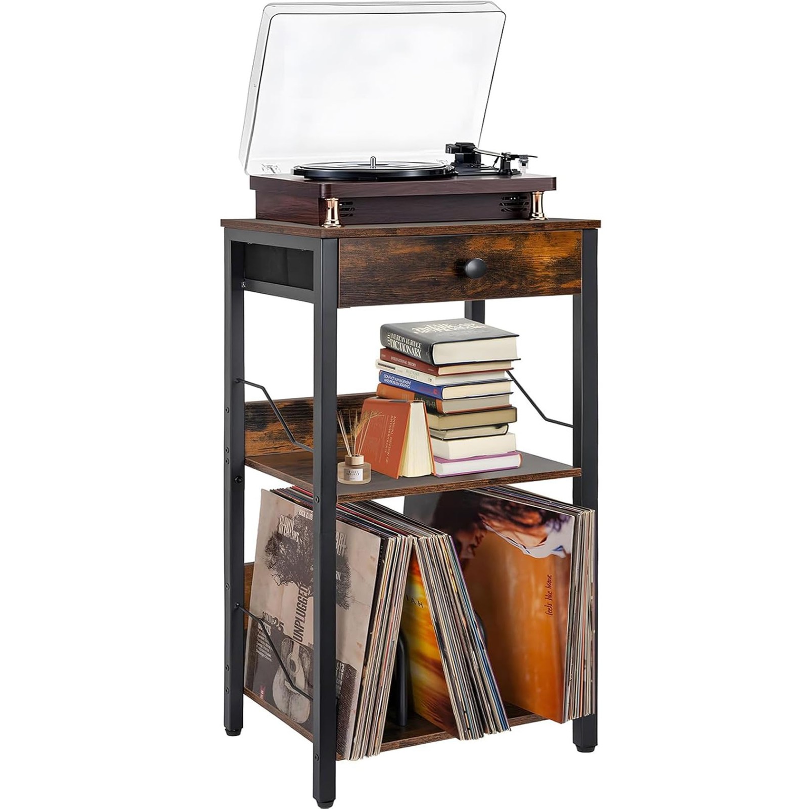 3-Tier Vinyl Record Player Stand with Storage Drawer and Shelf-image
