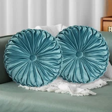 HIG Set of 2 Teal Ruched Velvet Round Throw Pillows – 14.5’’ Decorative Pillo...