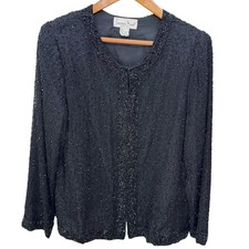 Vintage Laurence Kazar Silk Beaded Sequin Evening Jacket Black Size Medium