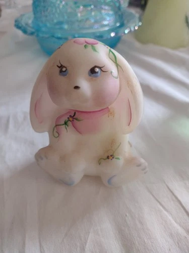 Vintage Fenton Glass Dewdrops Lop-Eared Bunny Opal Satin Crystals Figurine