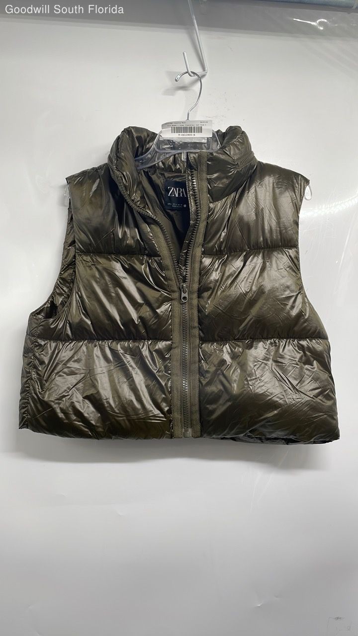 Zara Womens Green Sleeveless Mock Neck Full-Zip Cropped Puffer Vest Size L