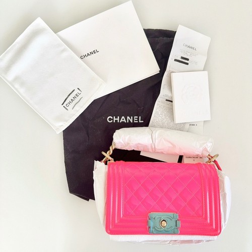 NIB Chanel Neon Pink Quilted Patent Leather Small Boy Flap Bag Gold HW 20.5cm