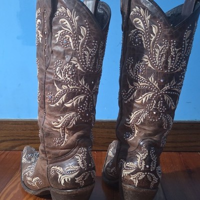 Lucchese Women's Brown Embroidered Studded Western Cowboy Boots US