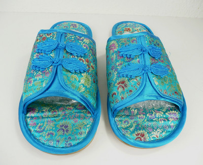 Asian Beaded Blue Satin Slippers Size 43/44 Padded Sole Slip-on 11'' Length New