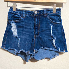 Almost Famous Denim Cutoff Shorts Juniors 5 Blue Distressed Pockets Mid Rise