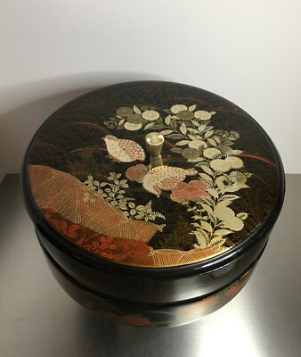 Japanese Lacquer 2 Tiered Round Stacked 4 Section Insert Bento Sushi Box 9 X 5 