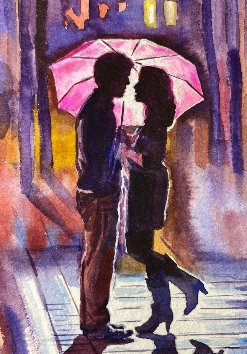 Couple Kissing In The Rain Painting ORIGINAL Art Abstract Painting