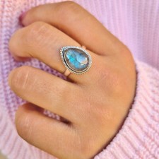 Genuine Labradorite 925 Sterling Silver Pear Shaped Ring Ships From USA