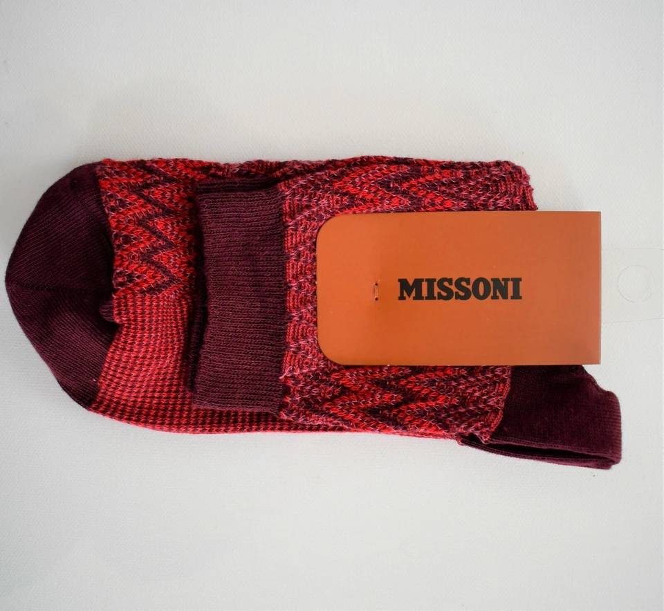 🆕️ MISSONI ORANGE LABEL Borgoña Rojo ZIGZAG CHEVRON Algodón Calcetines al Tobillo S M L Foto 3 de 3