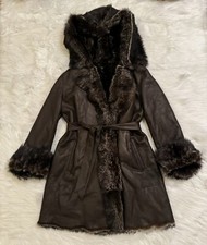 Overland Theodora Hooded Dark Brown Toscana Shiny Sheepskin Coat Medium