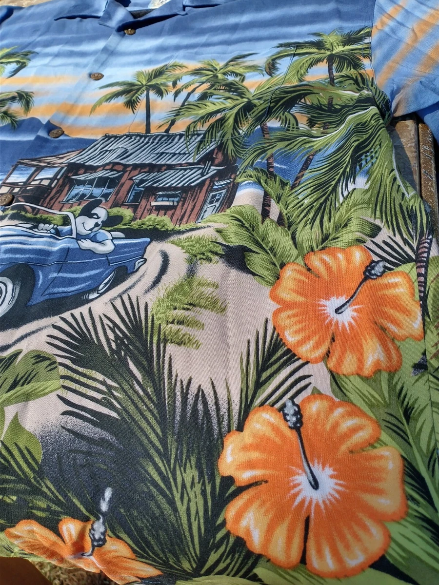 Vintage Big Dogs Hawaiian Camp Shirt XL Tiki Island Beach Car Ocean Palm Tree