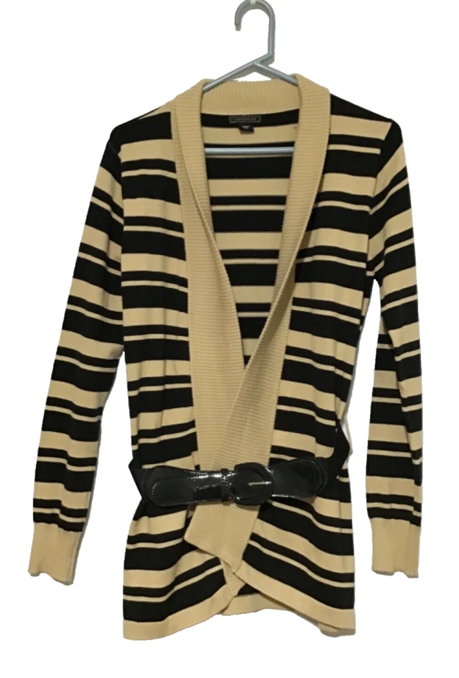 Cárdigan Suéter Metaphor Mujer Mediano Marrón Tostado Rayas Minimalista Academia Foto 3 de 4