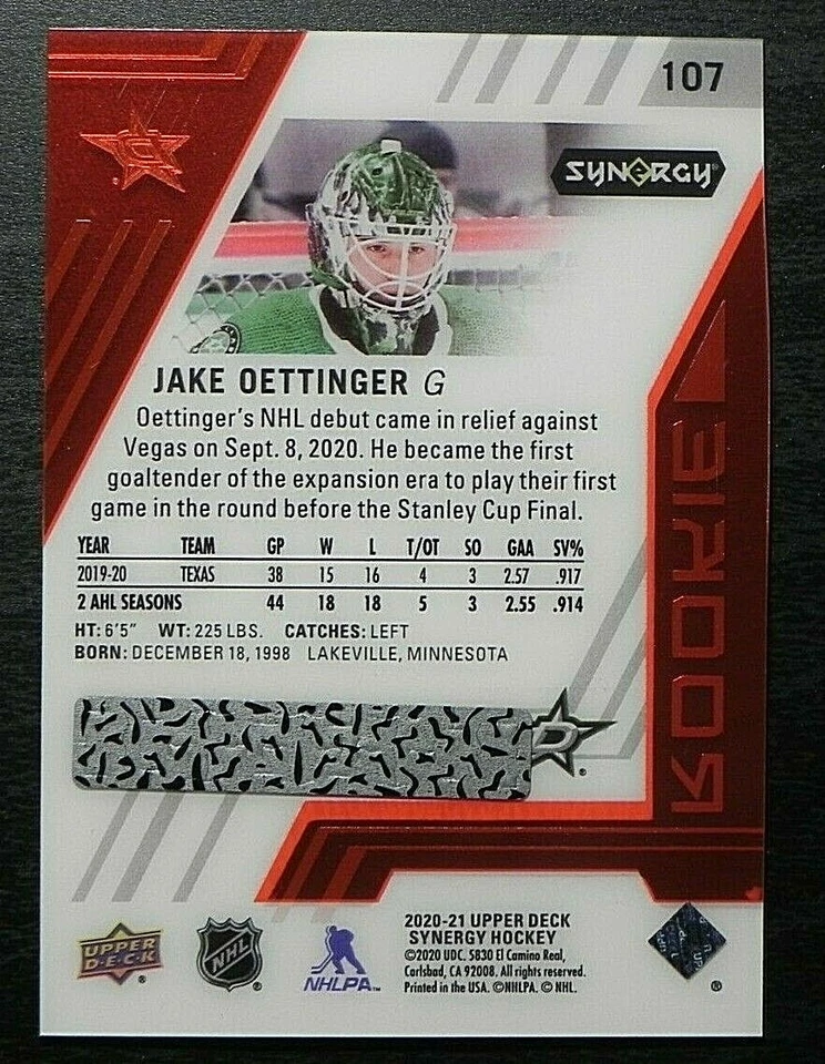 2020-21 20/21 Synergy ROOKIE RED BOUNTY CODES #107 Jake Oettinger Dallas Stars - Image 2 of 2