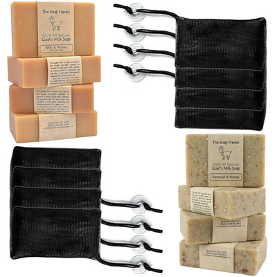 Bundle of 8 Goat Milk Soap Bars and 8 Soap Saver Mesh Bags for Soap Bars