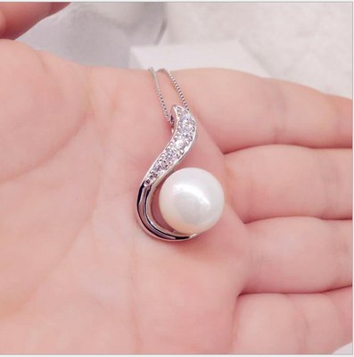 18'' Silver Sea Shell Pearl Heart Pendant Necklace Cubic Zirconia Gift Box PE4