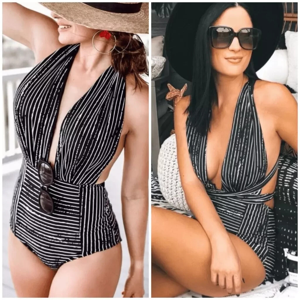 NWT Cocoship Black Striped Sexy Deep V-Swimsuit Womens Retro Halter Top  32436