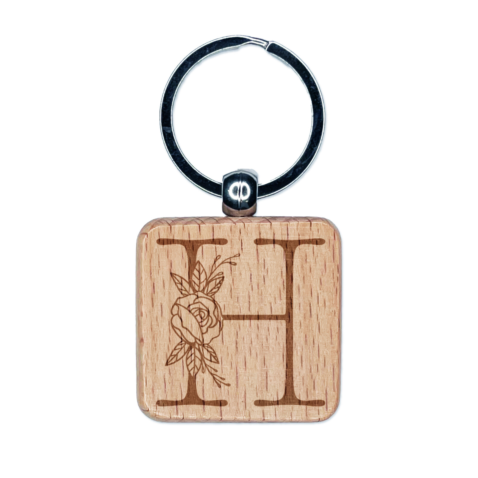 Vintage Rose Typewriter Font H Engraved Wood Keychain Charm