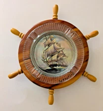Vintage Nautical Ashtray Glass Wood Ship Wheel