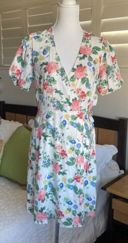 OLD NAVY White Floral Linen Blend Puff Sleeve True Wrap Dress M Tall Cottagecore