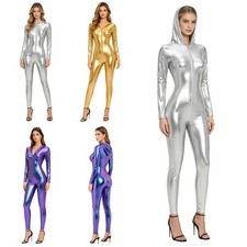 Women Hooded Jumpsuit Unitard Metallic Long Sleeve Catsuit Gymnastics Clubwear