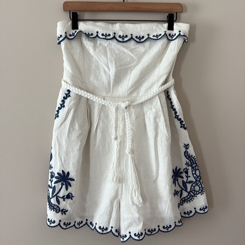 Caroline Constas Leinenmischung Strampler bestickt Jakobsmuschel Design Bindeband Taille blau S