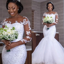 Luxury Beading Mermaid Wedding Dress Long Sleeves Appliques Pearls Bridal Gowns