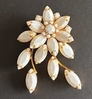 Vintage White Milk Glass Bridal Floral Spray Brooch Gold Tone Prong Set 2.25"