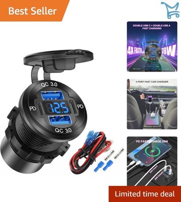 4 Port USB Charger Aluminum 78W Fast Charging Car Marine Boat Motorcycle