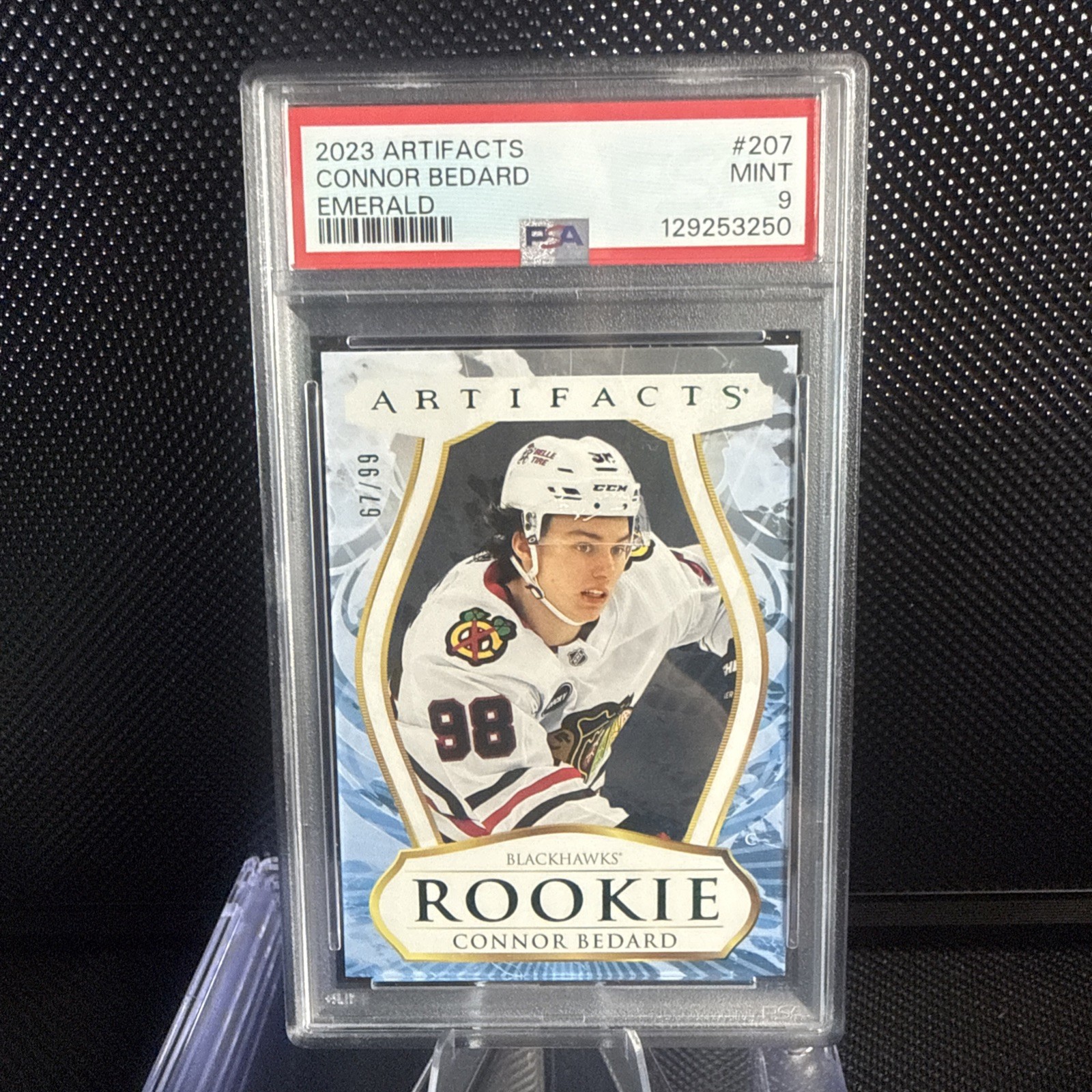 2023-24 UD Artifacts Emerald Connor Bedard RC /99 #207 PSA 9 MINT Rookie view 2
