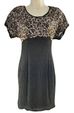 Vtg Stenay Silk Beaded Sequin Black Gold Cocktail Party Dress Sz 8 Medium 1980s