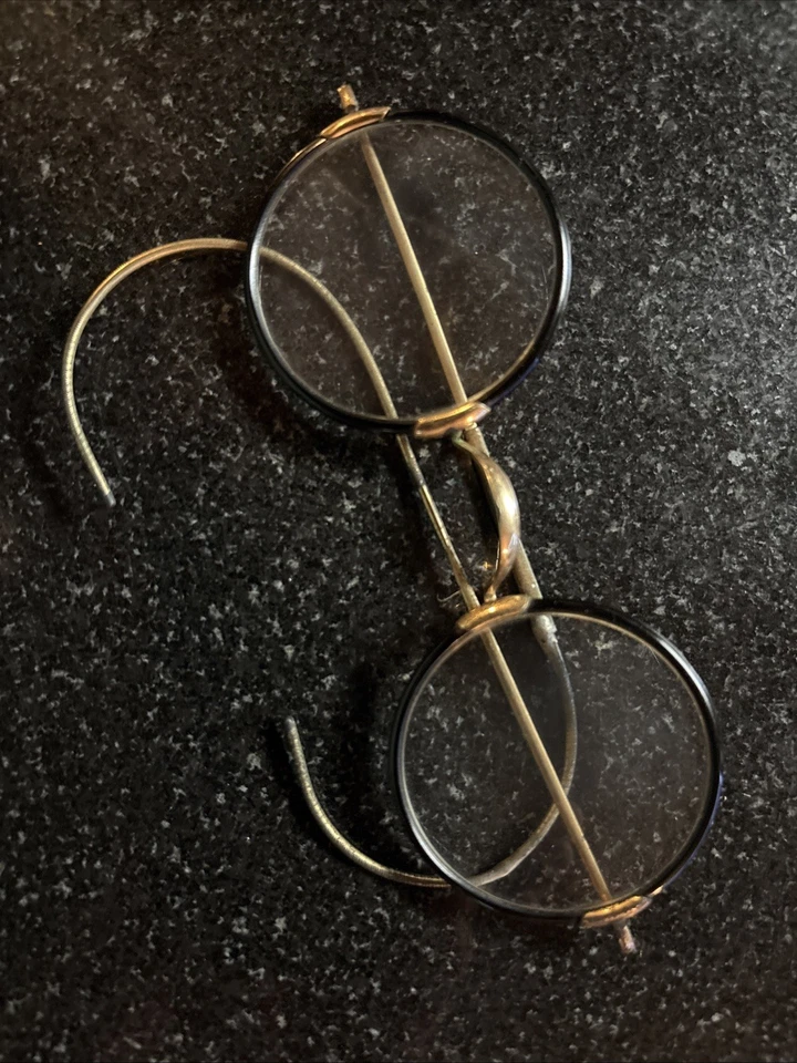 1920? Gafas de biblioteca redondas de celuloide dorado negro tortuga Foto 4 de 4