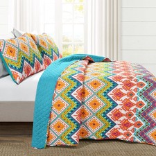 Boho Chevron 3 Piece Quilt Set, Full/Queen, Turquoise