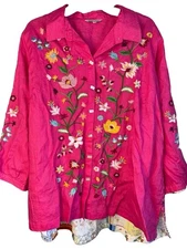 NWT John Mark Womens Large Pink Linen Embroidered Floral Blouse 3/4 Sleeves