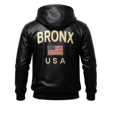 Men’s Black Hooded Leather Jacket with Bronx USA Embroidered Logo Custom Design