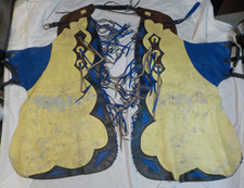 Vintage Western Rodeo Bull Riding Chaps Leather Fringe Cowboy Yellow Blue