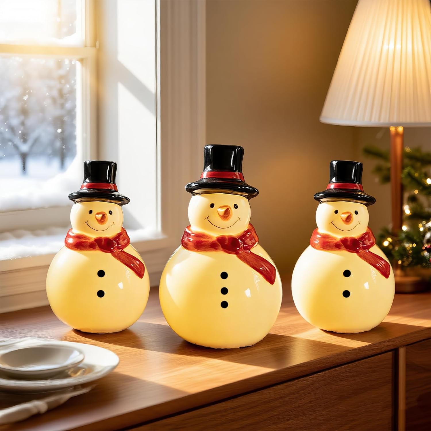 LED Lighted Snowman Figurines 3 Pack Ceramic Tabletop Indoor Winter Xmas Decor
