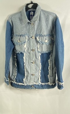 Eyeye Women's Blue Patchwork Denim Jacket Frayed Deconstructed Oversized Sz Free